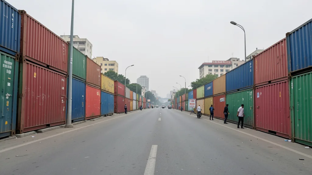 Contêineres bloqueiam uma avenida em Islamabad, com prédios da cidade ao fundo.