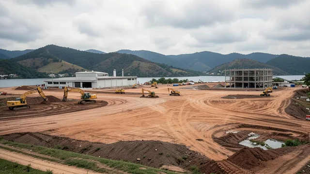 Imagem gerada por IA: Terreno em obras para a futura fábrica de aviões da Aeromot em Guaíba.