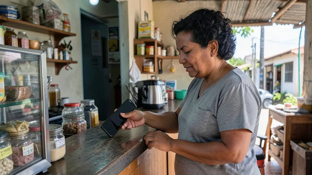 Imagem gerada por IA: Microempreendedor consulta o celular no balcão de um pequeno negócio.