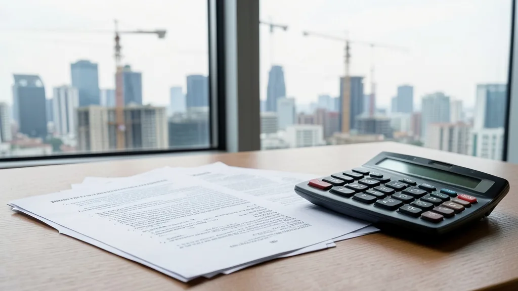 Imagem gerada por IA: Documentos financeiros e calculadora sobre uma mesa, com prédios e guindastes ao fundo.