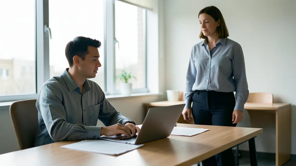 Imagem gerada por IA: Funcionário e supervisor em um escritório, em uma cena que representa o ambiente de trabalho.