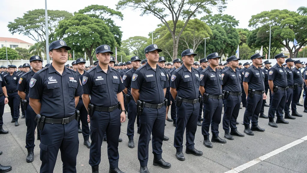 Imagem gerada por IA: Policiais militares brasileiros em formação durante um evento público.