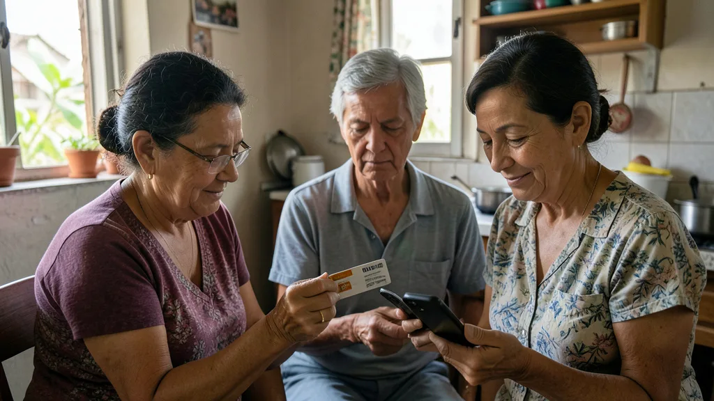Imagem gerada por IA: Família brasileira consulta um cartão e um celular em casa.