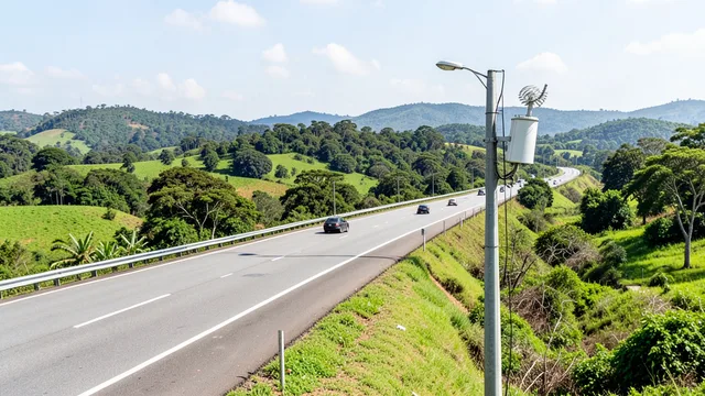 Imagem gerada por IA: Rodovia brasileira com veículos e equipamento de telecomunicações instalado à margem da pista.