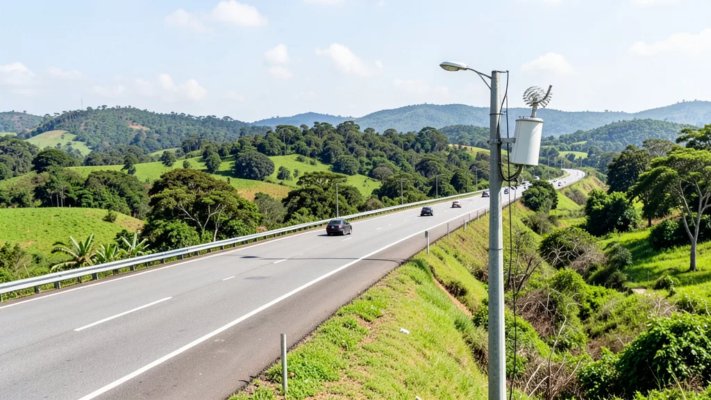 Imagem gerada por IA: Rodovia brasileira com veículos e equipamento de telecomunicações instalado à margem da pista.