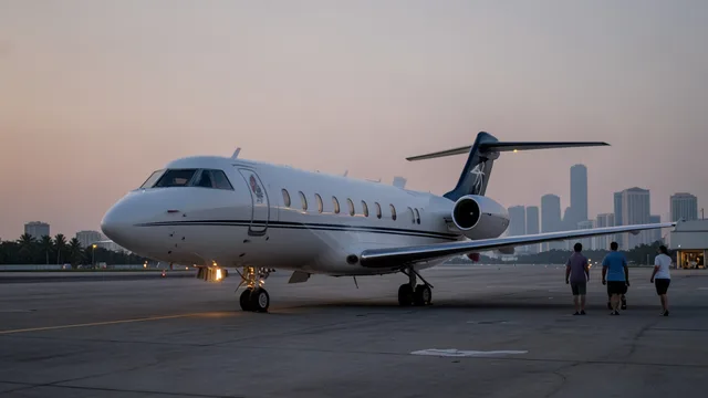 Imagem gerada por IA: Jato particular na pista de um aeroporto próximo a Miami, com viajantes ao fundo.