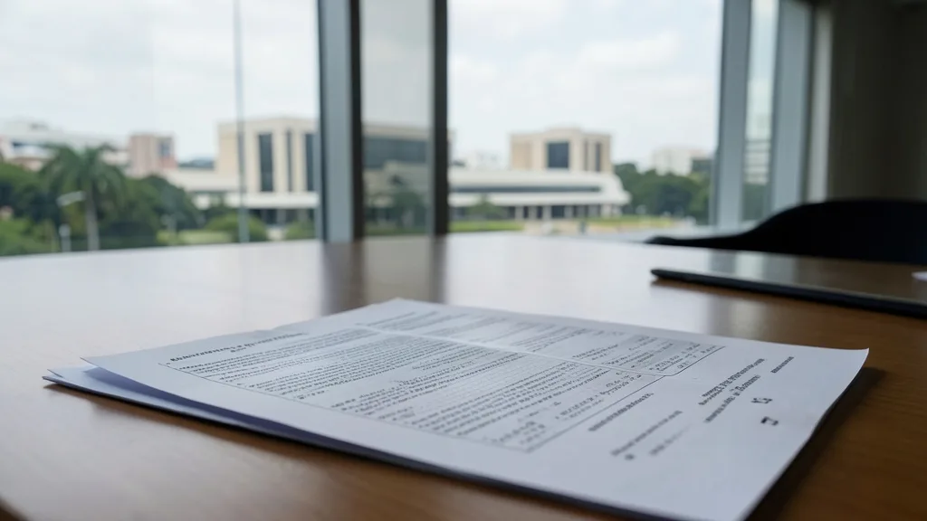 Imagem gerada por IA: Documentos orçamentários em uma mesa de escritório público, com o Congresso Nacional ao fundo.