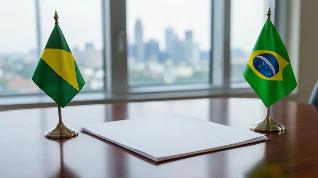 Imagem gerada por IA: Carta sem texto legível sobre uma mesa ao lado de uma pequena bandeira do Brasil.