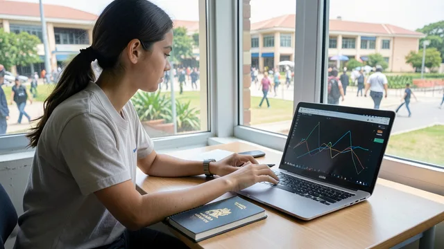 Imagem gerada por IA: Estudante universitário estuda ao lado de um passaporte e de um laptop.