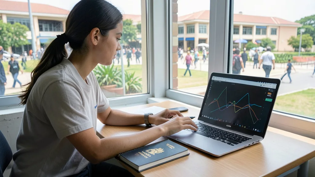 Imagem gerada por IA: Estudante universitário estuda ao lado de um passaporte e de um laptop.
