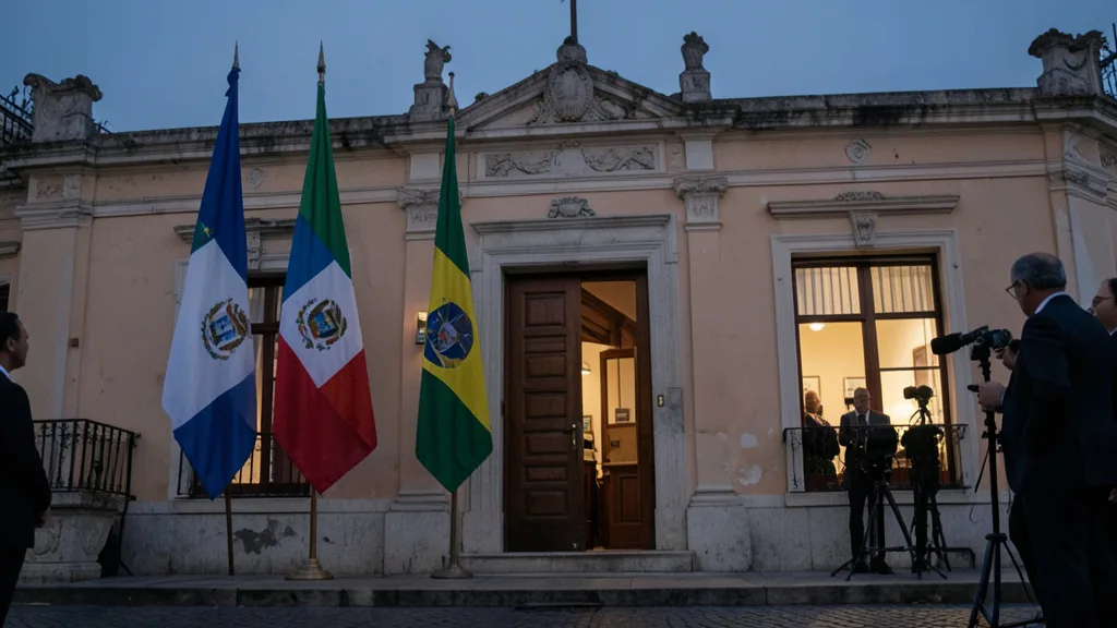 Imagem gerada por IA: Bandeiras da Argentina e do Brasil diante da Casa Rosada, em Buenos Aires.