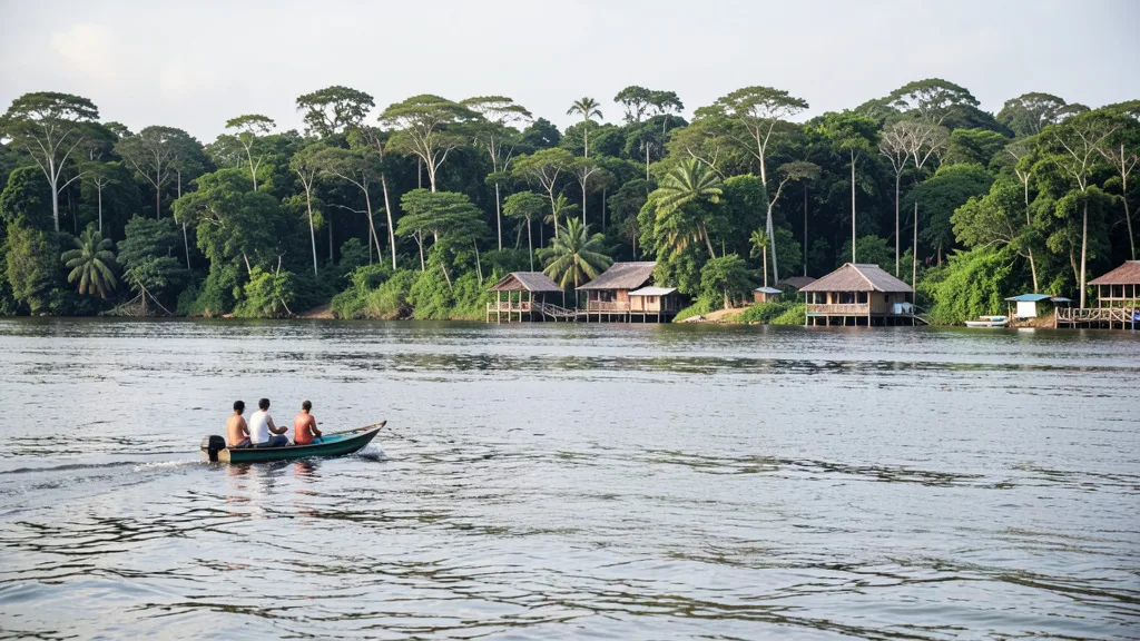 Imagem gerada por IA: Barco transporta passageiros por um rio em região de floresta no Brasil.