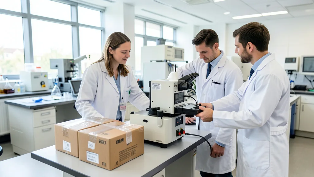 Imagem gerada por IA: Pesquisadores recebem equipamentos em um laboratório universitário.