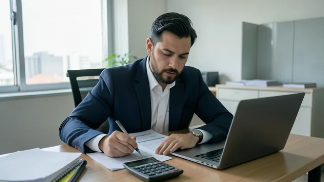 Profissional analisa documentos tributários e trabalha em um computador em um escritório.