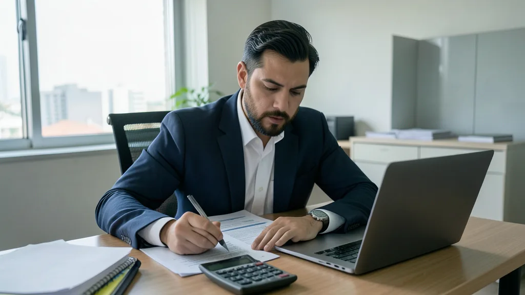 Profissional analisa documentos tributários e trabalha em um computador em um escritório.