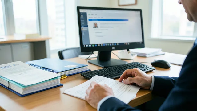 Imagem gerada por IA: Documentos previdenciários sobre uma mesa de escritório público, enquanto uma pessoa analisa papéis.