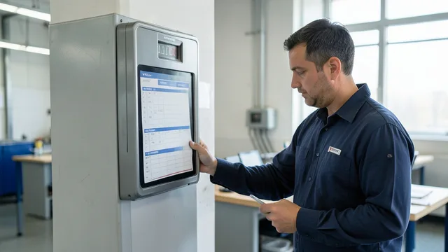 Imagem gerada por IA: Trabalhador consulta uma escala de trabalho ao lado de um relógio de ponto.