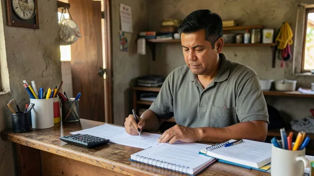 Imagem gerada por IA: Pequeno empreendedor analisa documentos e materiais de trabalho no balcão de seu negócio.