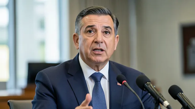 Imagem gerada por IA: Autoridade econômica fala em uma coletiva de imprensa diante de microfones.