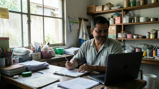 Imagem gerada por IA: Pequeno empreendedor trabalha em um balcão de loja e revisa documentos ao lado de um laptop.