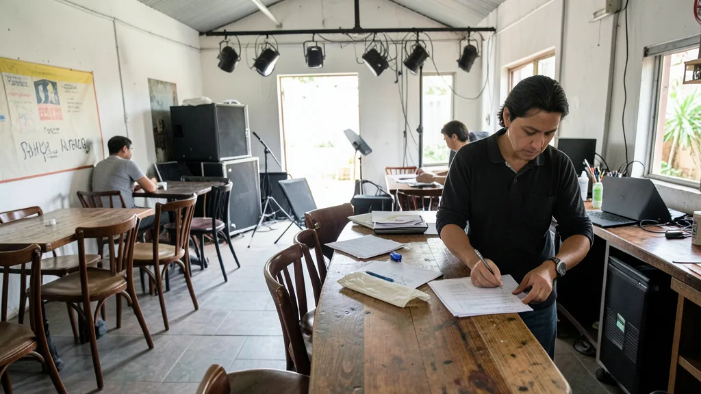 Imagem gerada por IA: Dono de pequeno estabelecimento organiza papéis em um bar com mesas e equipamentos de evento.
