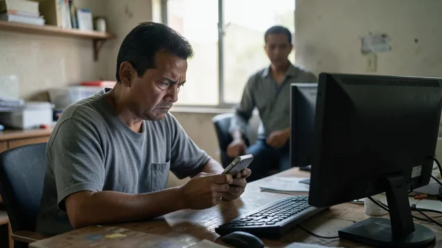 Imagem gerada por IA: Trabalhador consulta o celular em um escritório, com um supervisor desfocado ao fundo.