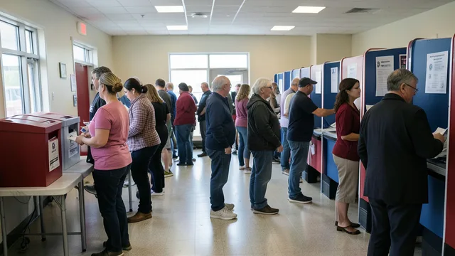 Imagem gerada por IA: Eleitores aguardam em fila dentro de um local de votação nos Estados Unidos.