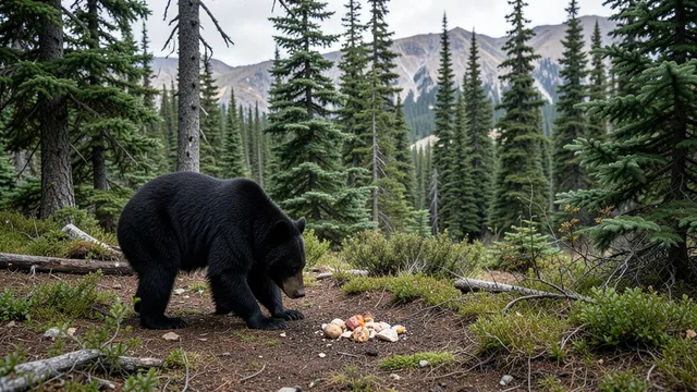 Imagem gerada por IA: Urso-negro se aproxima de comida no chão em uma floresta do Alasca.