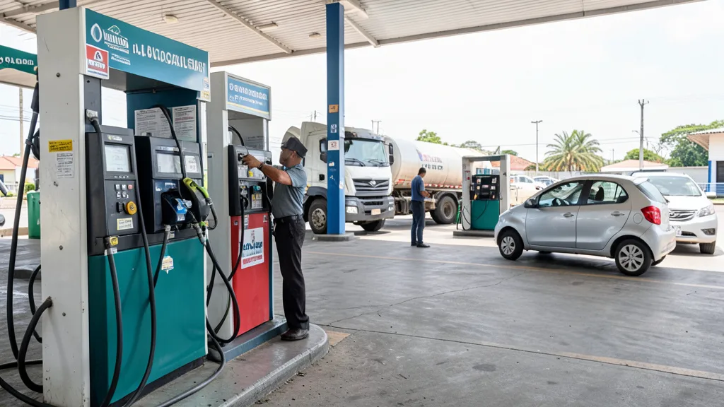 Imagem gerada por IA: Bomba de combustível em posto brasileiro, com caminhão-tanque ao fundo.
