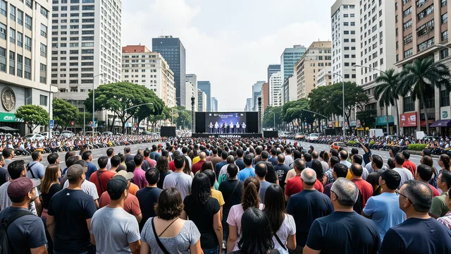 Imagem gerada por IA: Multidão acompanha ato político na Avenida Paulista, em São Paulo.