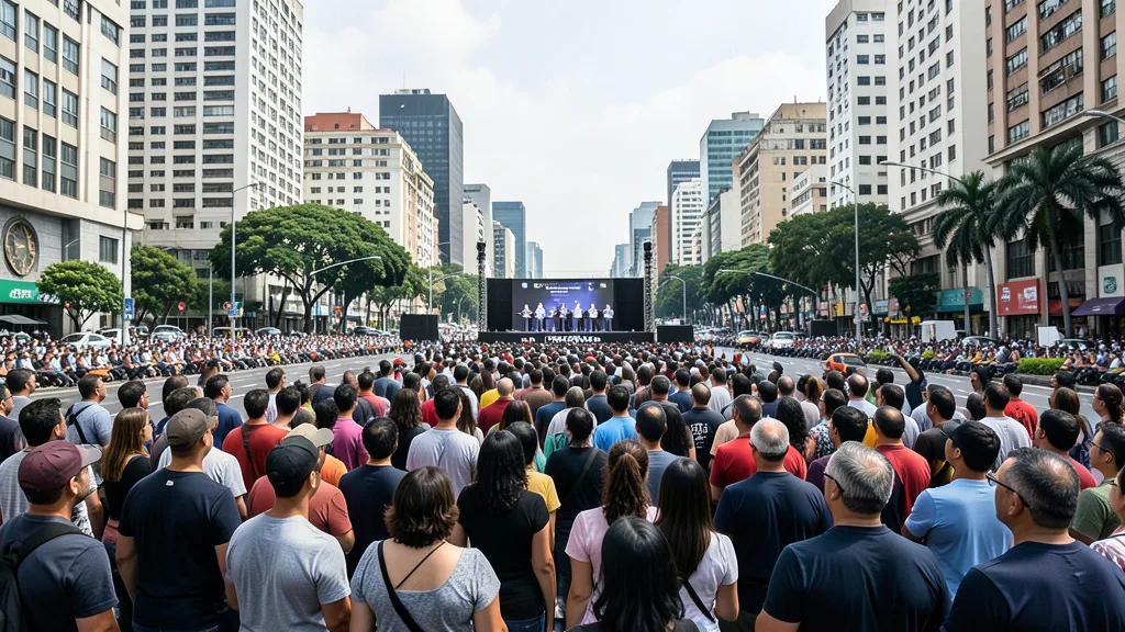 Imagem gerada por IA: Multidão acompanha ato político na Avenida Paulista, em São Paulo.