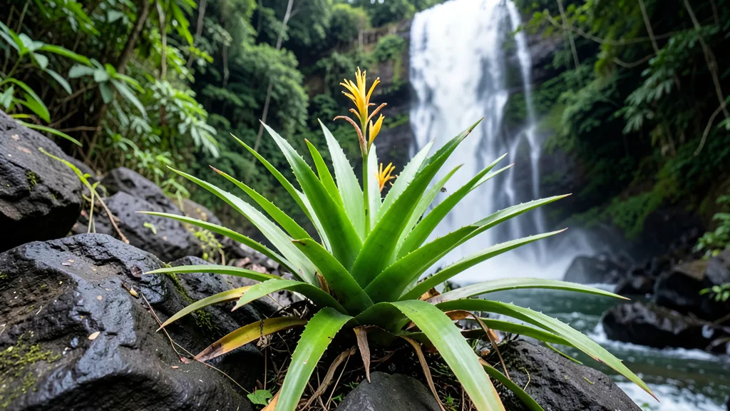 Imagem gerada por IA: Bromélia de folhas espinhosas cresce entre rochas próximas a uma cascata.