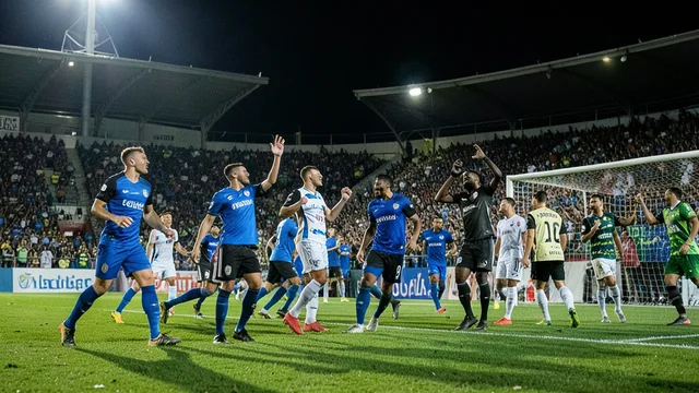 Imagem gerada por IA: Jogadores do Grêmio comemoram um gol em partida noturna diante de arquibancadas lotadas.