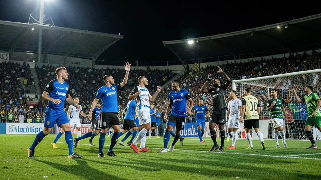 Imagem gerada por IA: Jogadores do Grêmio comemoram um gol em partida noturna diante de arquibancadas lotadas.