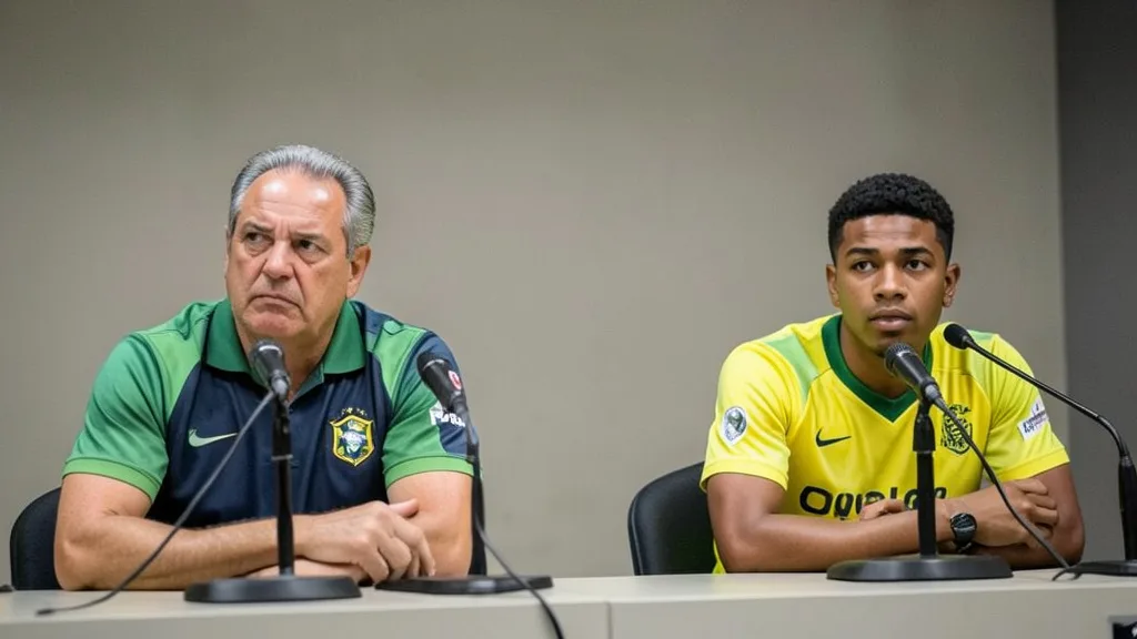 Imagem gerada por IA: Renato Portaluppi, Marlon e Carlos Vinícius participam de uma entrevista coletiva do Grêmio.