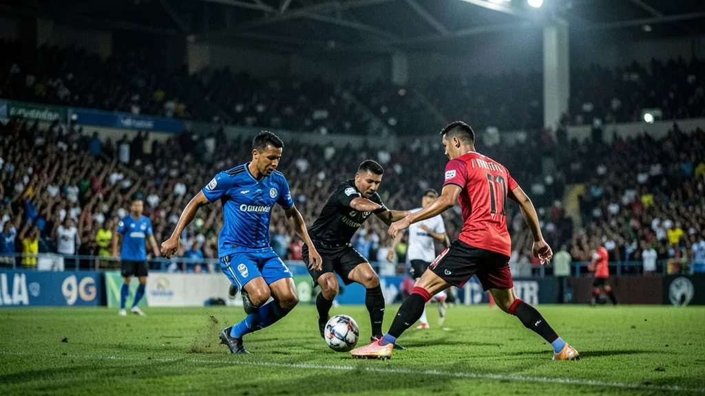 Imagem gerada por IA: Jogadores disputam a bola em um clássico de futebol em estádio lotado.