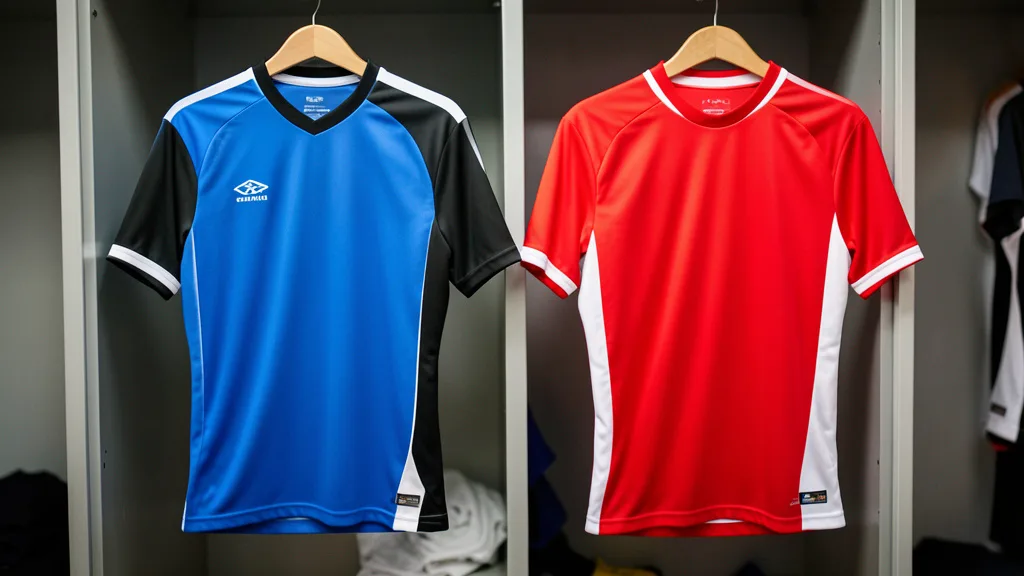 Imagem gerada por IA: Duas camisas de futebol, uma tricolor e outra vermelha e branca, em um vestiário.