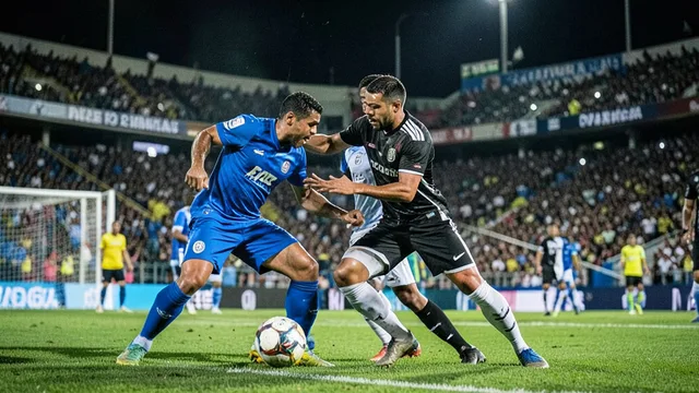 Imagem gerada por IA: Jogadores disputam a bola em um clássico de futebol em estádio lotado.