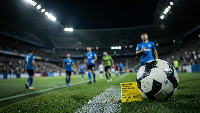 Imagem gerada por IA: Cartão amarelo e bola à beira do campo, com jogadores desfocados ao fundo.