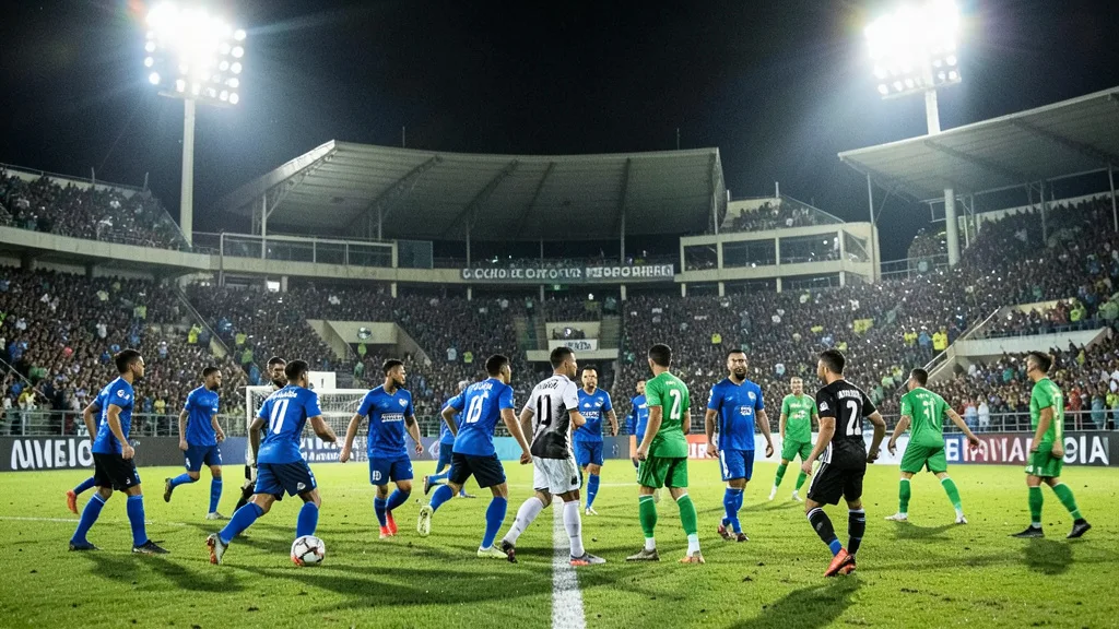 Imagem gerada por IA: Jogadores disputam uma partida de futebol em estádio lotado sob refletores.