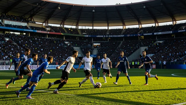 Imagem gerada por IA: Jogadores disputam a bola em uma partida de futebol diante da torcida na Arena do Grêmio.