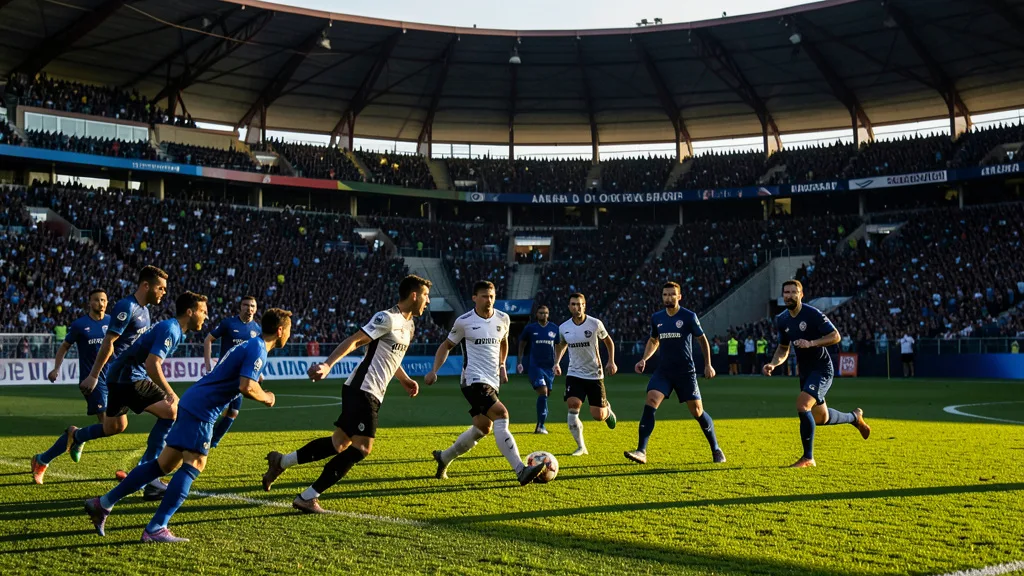 Imagem gerada por IA: Jogadores disputam a bola em uma partida de futebol diante da torcida na Arena do Grêmio.