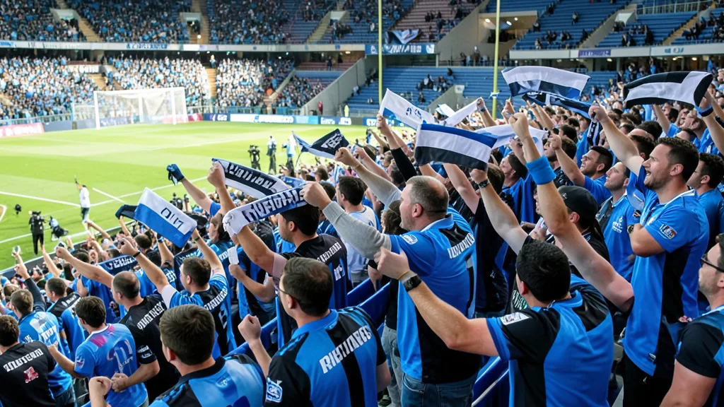Imagem gerada por IA: Torcedores de futebol vestidos de azul, preto e branco apoiam o time nas arquibancadas.