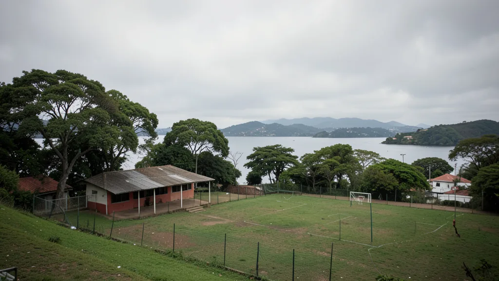Imagem gerada por IA: Área verde e instalações esportivas em uma ilha de Porto Alegre, com o rio ao fundo.