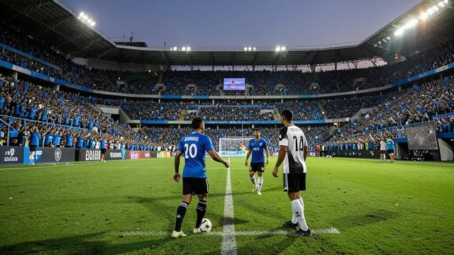 Imagem gerada por IA: Dois times se enfrentam em um estádio lotado durante uma partida de futebol.