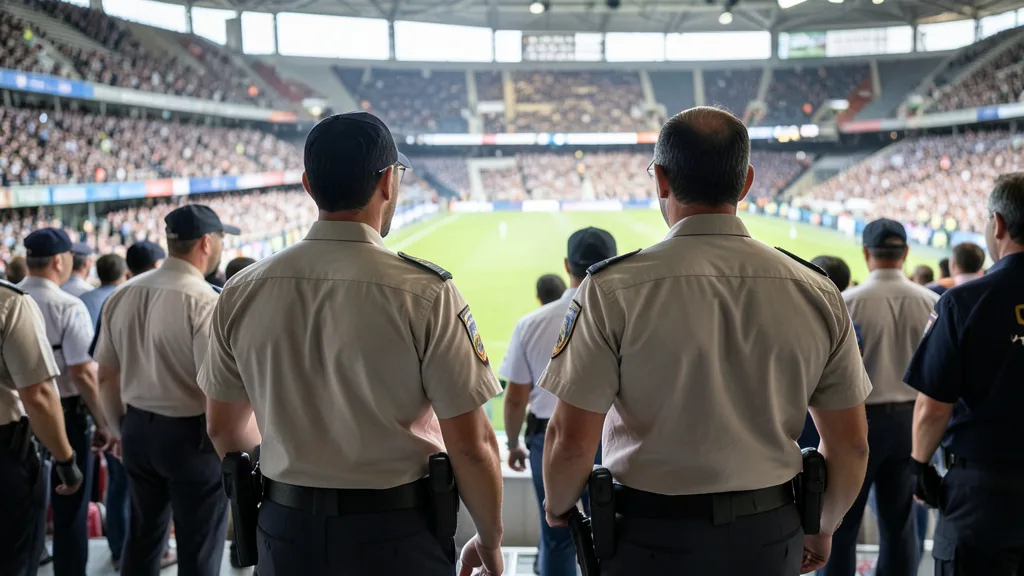 Imagem gerada por IA: Seguranças observam o campo e as arquibancadas de um estádio de futebol.