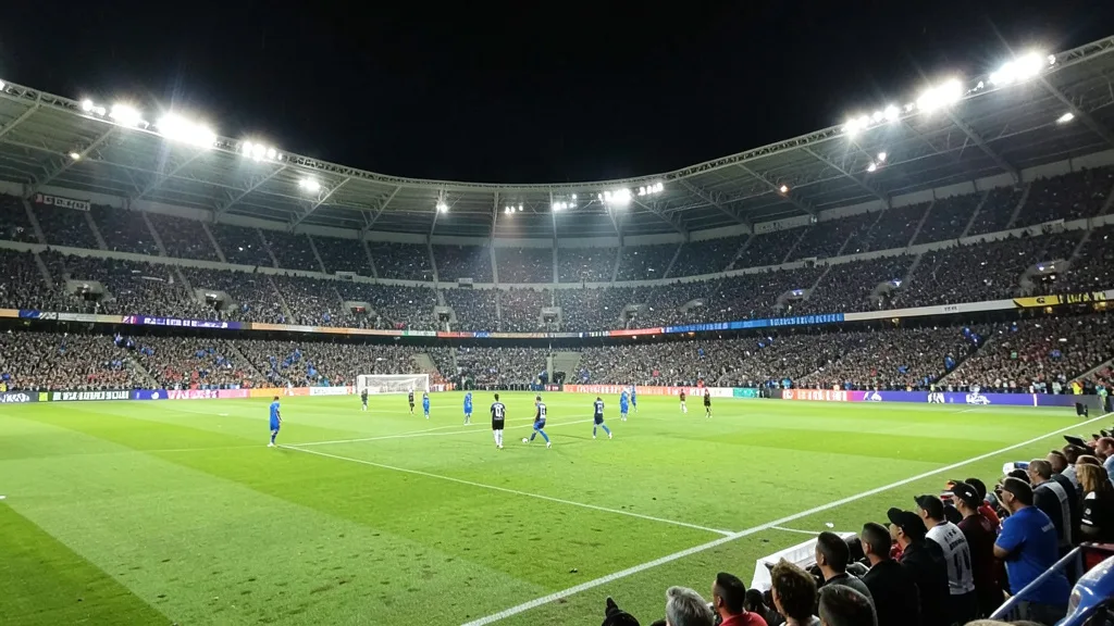 Imagem gerada por IA: Vista ampla de um estádio de futebol iluminado durante uma partida, com jogadores em campo e torcida nas arquibancadas.