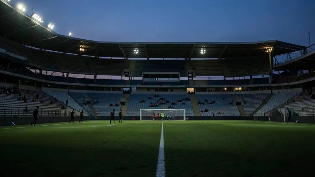 Estádio de futebol ao anoitecer, com jogadores treinando ao longe no gramado.