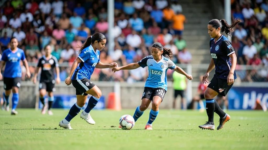 Imagem gerada por IA: Jogadoras disputam a bola em uma partida de futebol feminino.