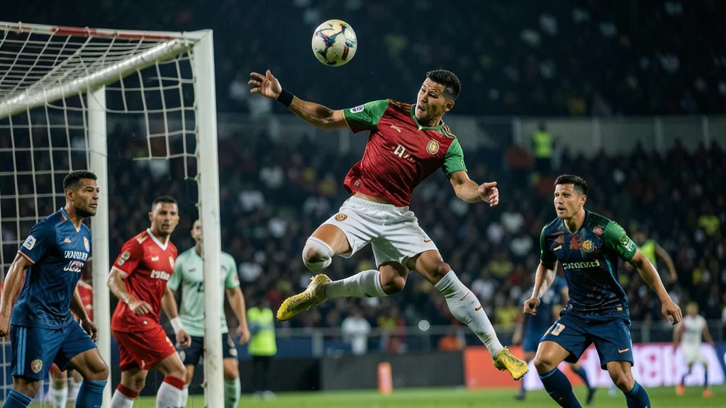 Imagem gerada por IA: Atacante cabeceia a bola em direção ao gol durante uma partida de futebol.